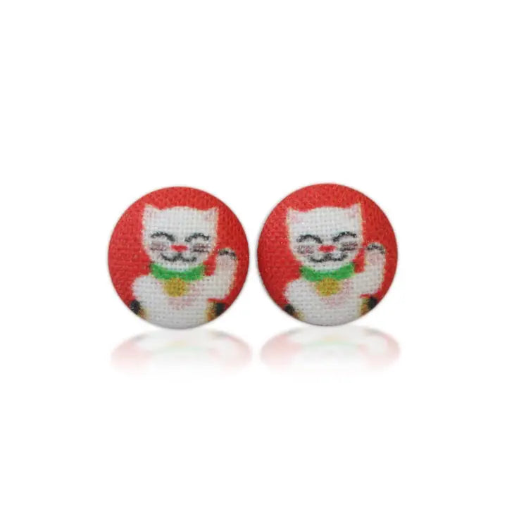 Lucky Cat Fabric Button Earrings