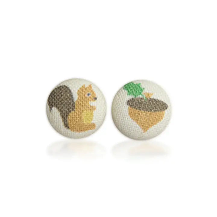 Squirrel and Acorn Fabric Button Earrings
